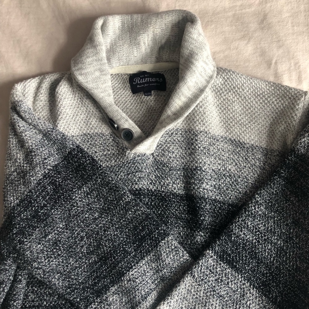 Men’s Gray and Black Striped Shawl Collar Cotton Sweater XL